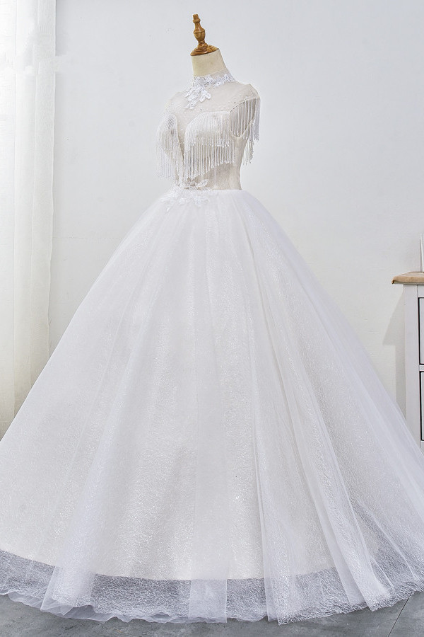 BMbridal Luxury Ball Gown High-Neck Tulle Wedding Dress Sparkly Sequins Sleeveless Appliques Bridal Gowns with Tassels-BMbridal
