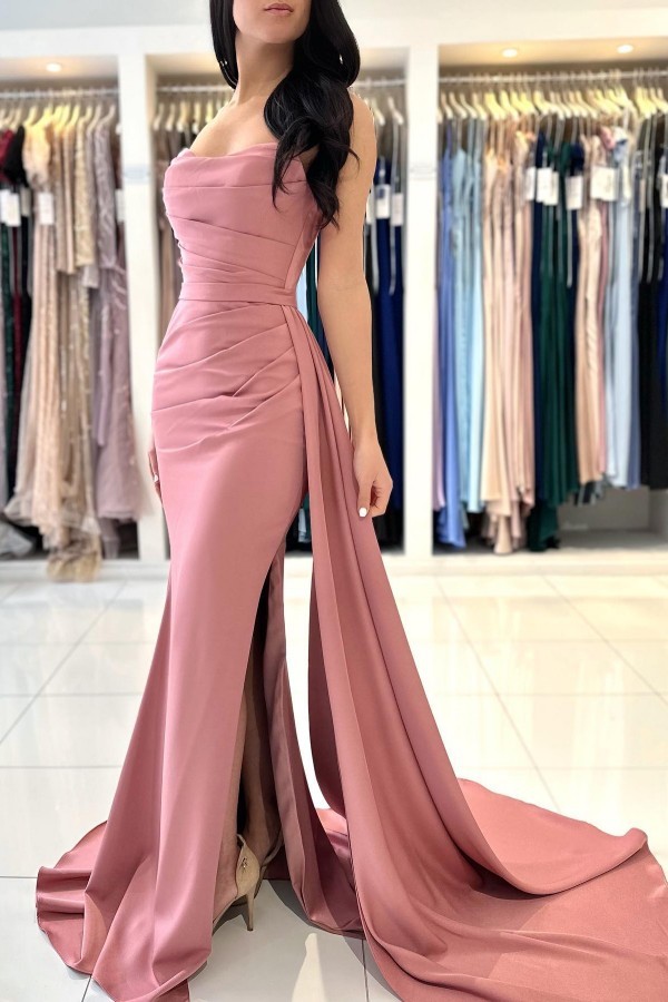 Bmbridal Dusty Pink Prom Dress Mermaid Strapless With Pleats Split