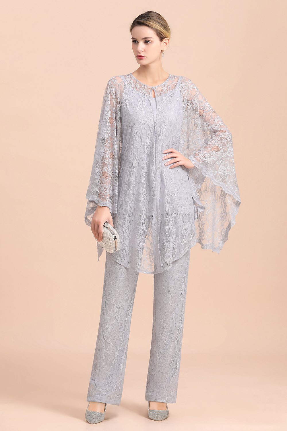 BMbridal Elegant V-Neck Appliques Silver Mother of Bride Jumpsuit with Lace Wraps-BMbridal