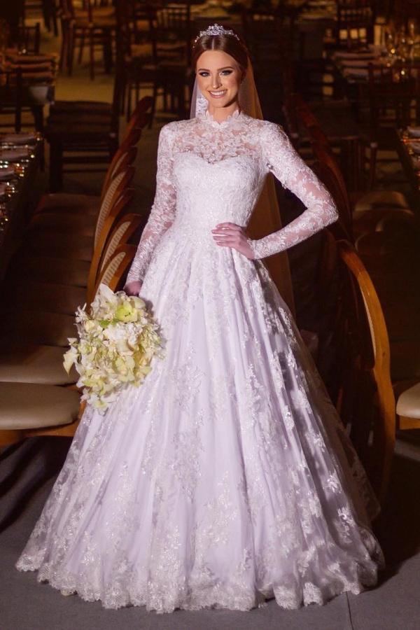 Fabulous A-Line Floor-Length High Neck Long Sleeves Lace Wedding Dresses-BMbridal