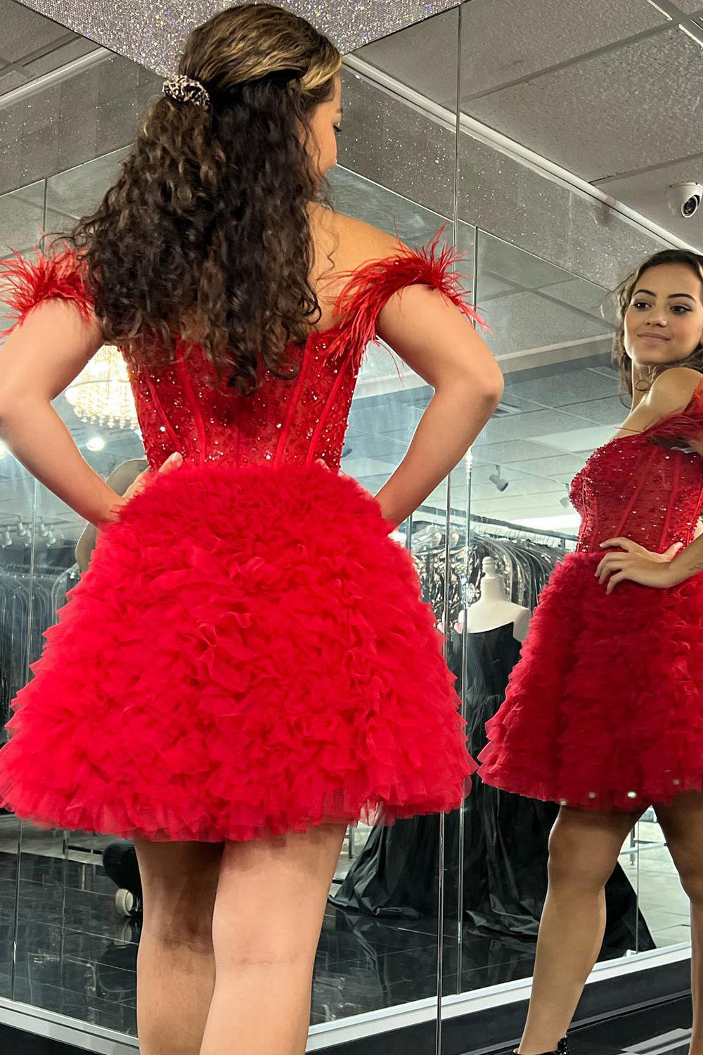 Sparkly Red Corset A-Line Short Homecoming Dress with Ruffles-BMbridal