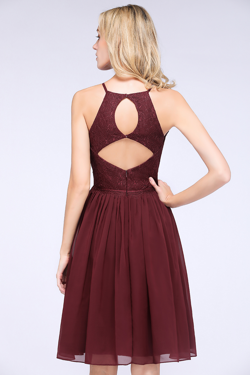 BMbridal Lovely Burgundy Lace Short Bridesmaid Dress With Spaghetti-Straps-BMbridal