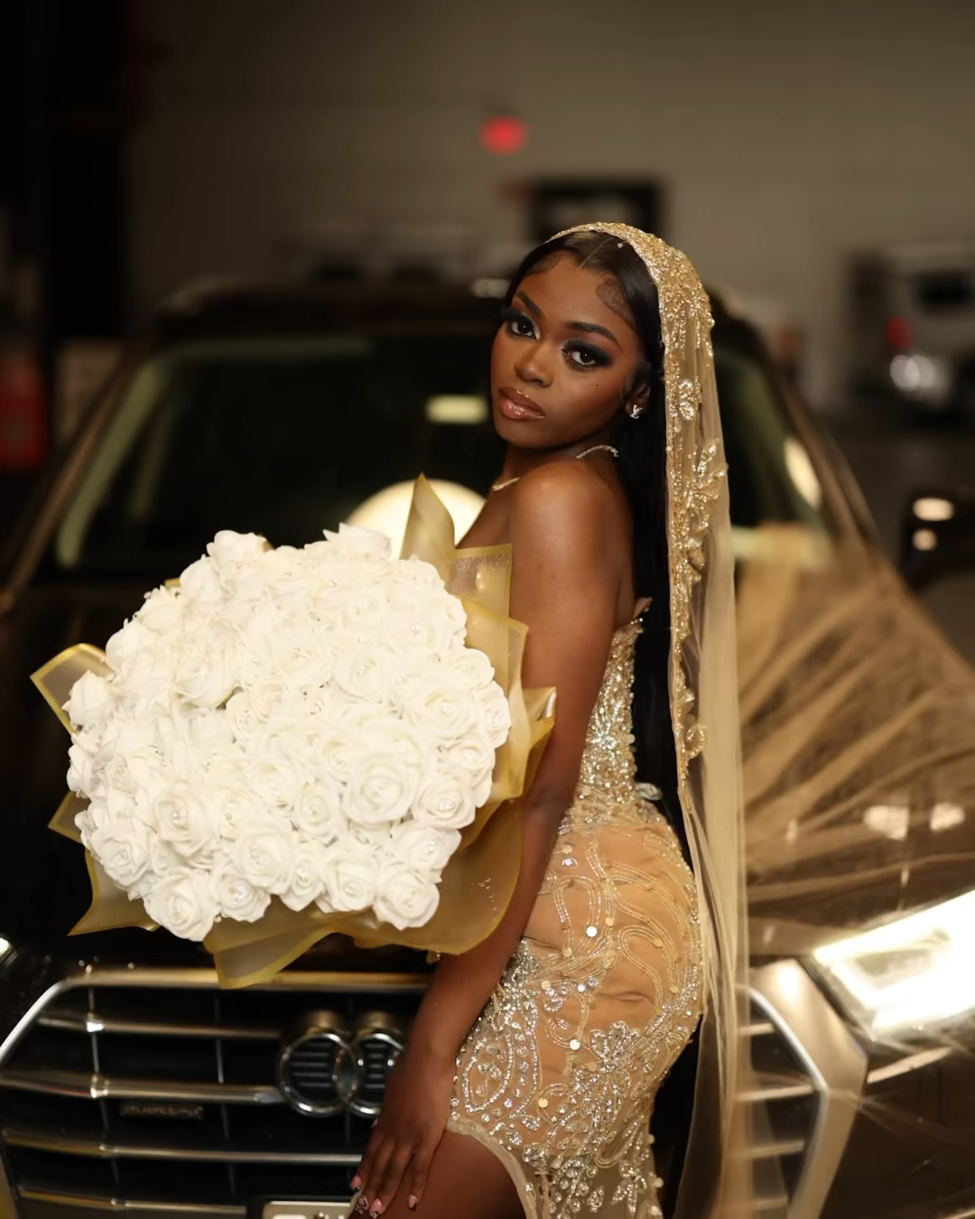 Luxury Champagne Gold Hooded Prom Dress – 3D Floral Appliqué Mermaid Gown with Cathedral Veil & High Slit | 2026 Couture Gala Collection