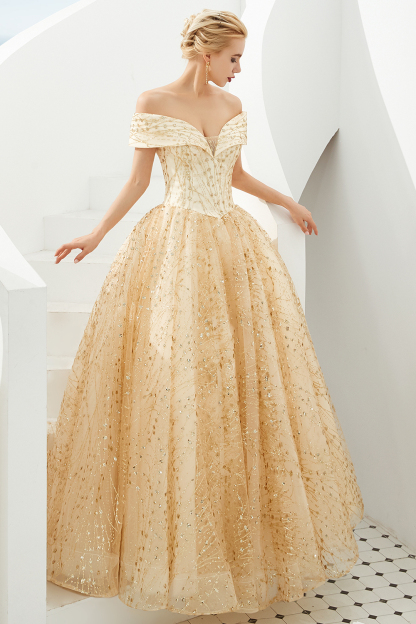 BMbridal Gold Off-the-Shoulder Sequins Prom Dress Ball With Lace-up Online