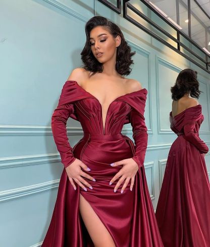 Bmbridal Burgundy Mermiad Sweethesrt Prom Dress with Split