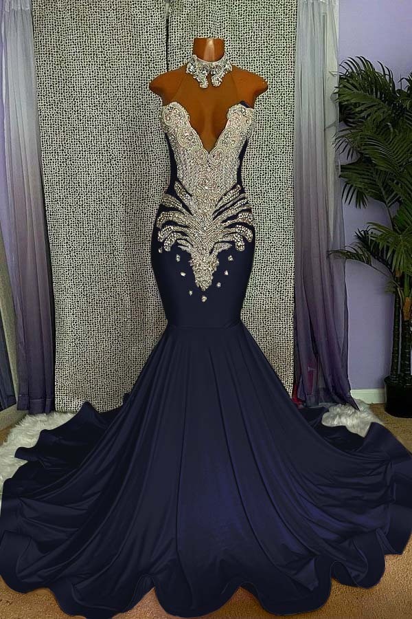 Mermaid Pink High Neck Sleeveless Prom Dress Beaded With Appliques