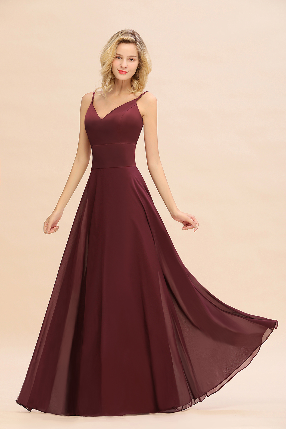 BMbridal Simple Satin Chiffon Spaghetti-Straps Burgundy Long Bridesmaid Dress-BMbridal