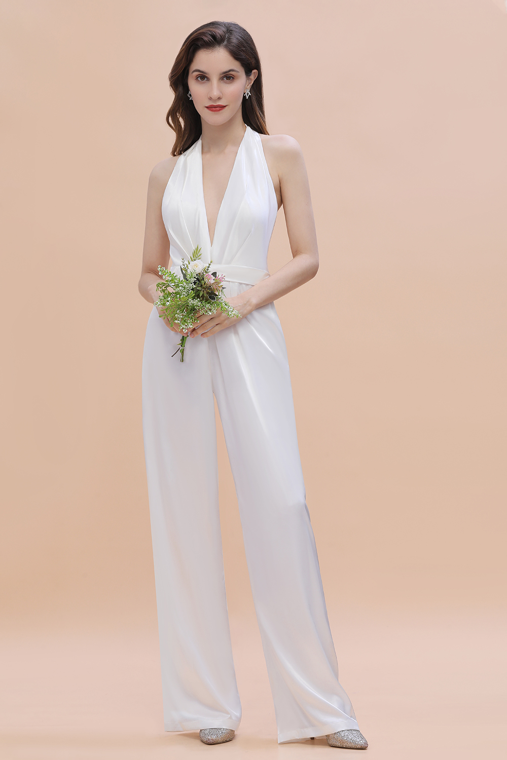 BMbridal Sexy Deep-V-Neck Halter Backless Charmeuse Bridesmaid Jumpsuit Online-BMbridal