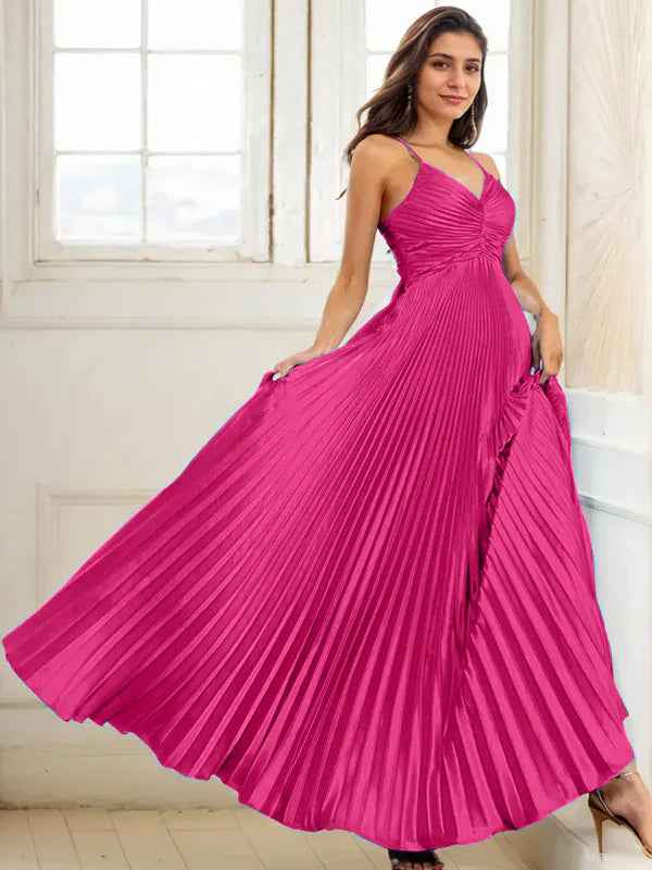 Fuchsia A Line Spaghetti Straps Pleated Long Prom Dress