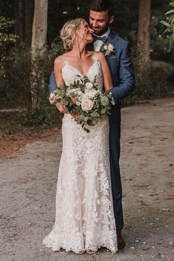 Bmbridal V-Neck Spaghetti-Straps Wedding Dress Lace Bridal Gowns-BMbridal