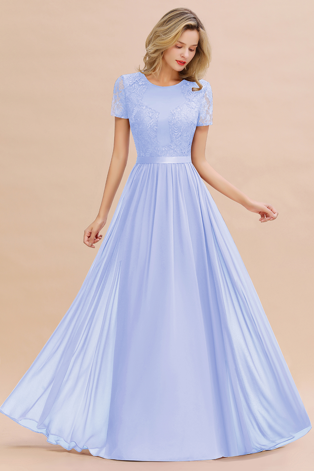 BMbridal Elegant Chiffon Lace Jewel Short-Sleeves Affordable Bridesmaid Dress-BMbridal