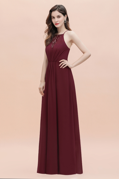 BMbridal Sexy V-neck Burgundy Chiffon Bridesmaid Dress Spaghetti Straps Lace Sequins Evening Dress
