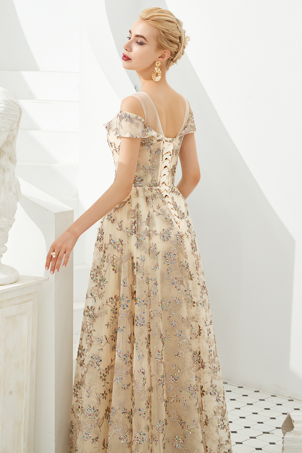 BMbridal Gold Off-the-Shoulder Sequins Prom Dress Long With Lace-Up Back