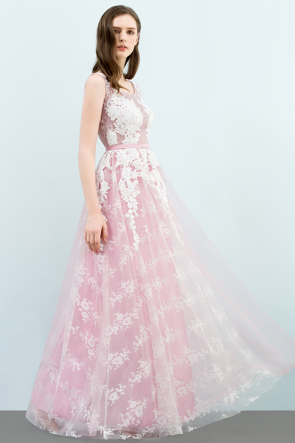 BMbridal Elegant Pink Sleeveless Prom Dress Tulle Long Evening Gowns With Lace Appliques