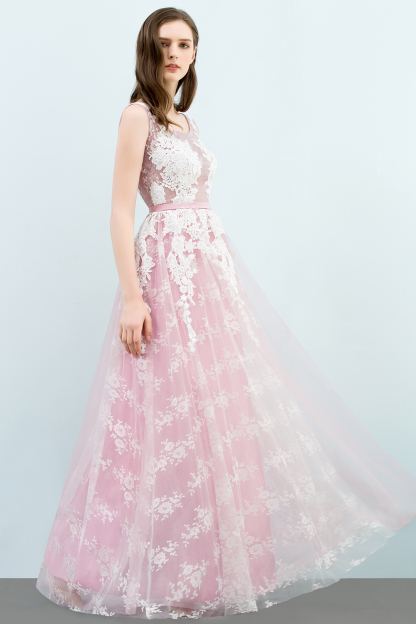 BMbridal Elegant Pink Sleeveless Prom Dress Tulle Long Evening Gowns With Lace Appliques