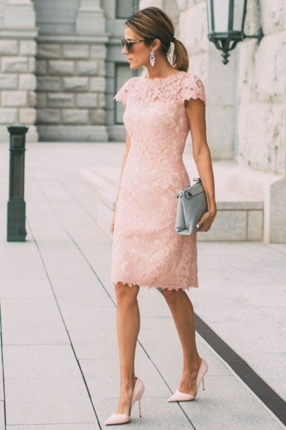 Bmbridal  Pink Short Sleeves Lace Prom Dress Knee-Length Online