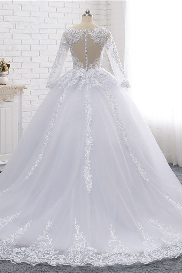 BMbridal Stylish Long Sleeves Tulle Lace Wedding Dress Ball Gown V-Neck Sequins Appliques Bridal Gowns On Sale-BMbridal
