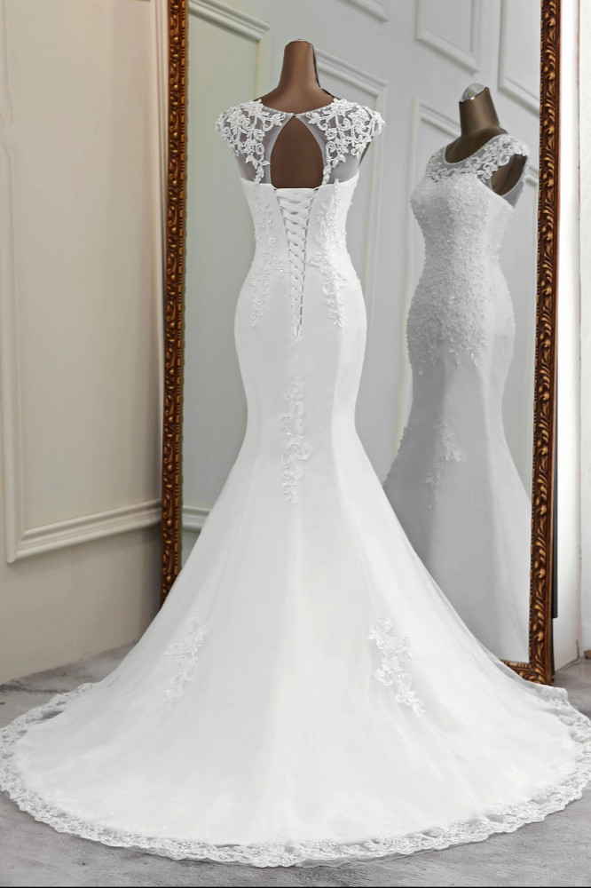 BMbridal Gorgeous Jewel Sleeveless White Lace Mermaid Wedding Dresses with Appliques