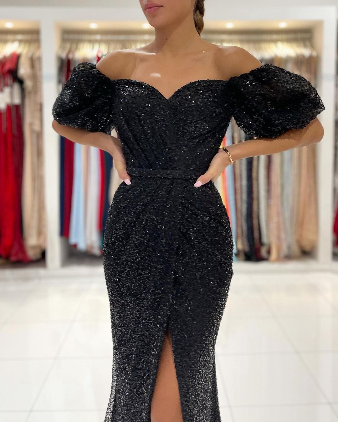 Bmbridal Off-the-Shoulder Black Sequins Prom Dress Mermaid With Split