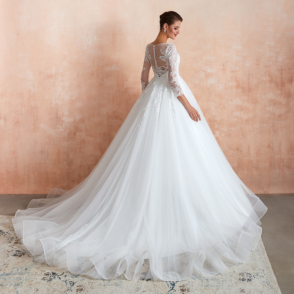 BMbridal Affordable Lace Jewel White Tulle Wedding Dresses with 3/4 Sleeves