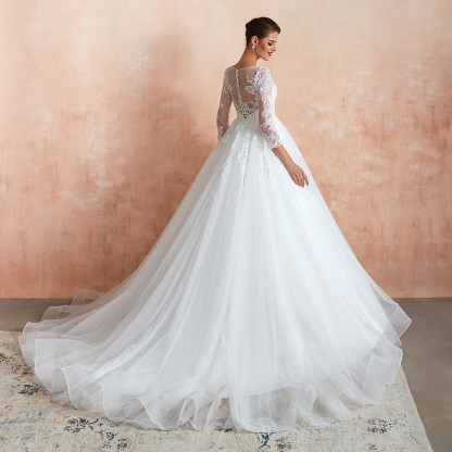 BMbridal Affordable Lace Jewel White Tulle Wedding Dresses with 3/4 Sleeves
