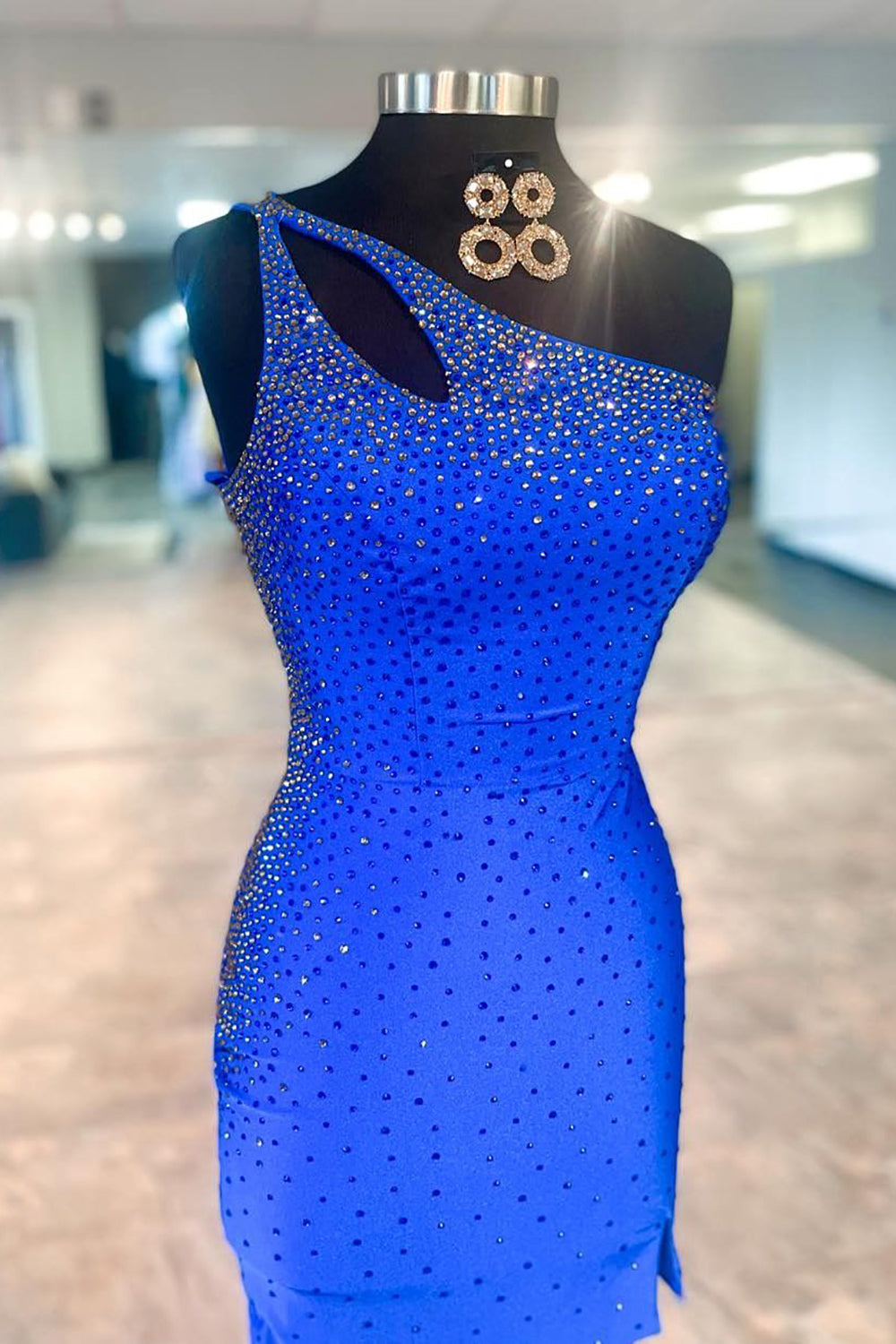 Glitter Royal Blue One Shoulder Sequins Tight Short Homecoming Dress-BMbridal