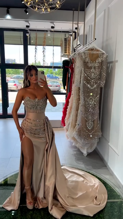Sparkly Corset Strapless Long Prom Dress with Slit