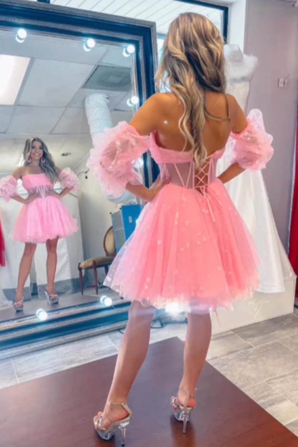 Pink Corset Detachable Sleeves A-Line Tulle Homecoming Dress-BMbridal