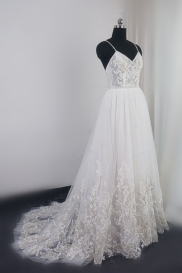 BMbridal Elegant Spaghetti Straps Tulle Lace Wedding Dress V-Neck Appliques See Through Top Bridal Gowns-BMbridal