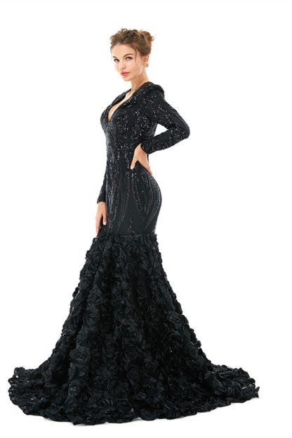 Bmbridal Long Sleeves V-Neck Prom Dress Mermaid Sequins With Flowers Bottom