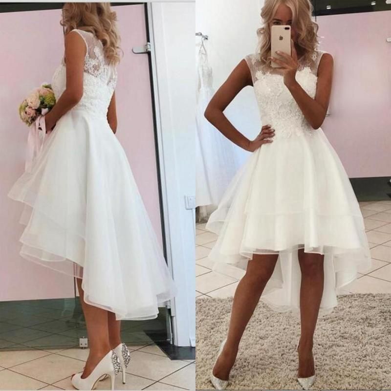 Classy Sleeves Hi-Lo A-Line Bateau Wedding Dress with Lace