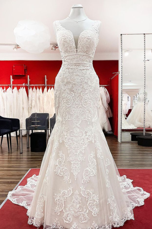 BMbridal Wonderful Sleeveless Tulle Ivory Lace Backless Mermaid Wedding Dresses-BMbridal