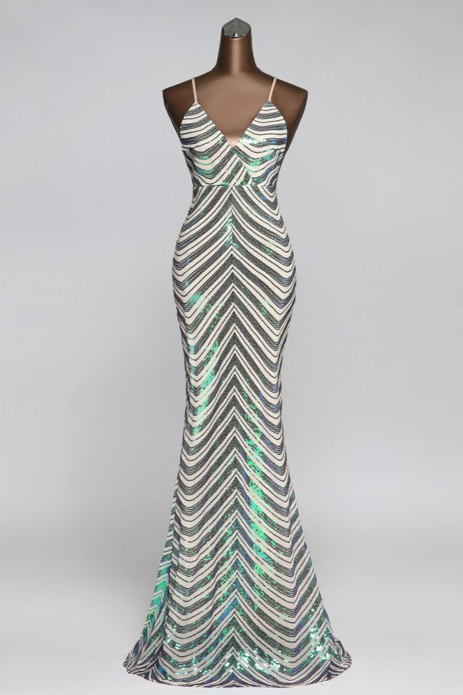 BMbridal Sparkly Stripe Sequins Mermaid Long Prom Dresses with Spaghetti Straps