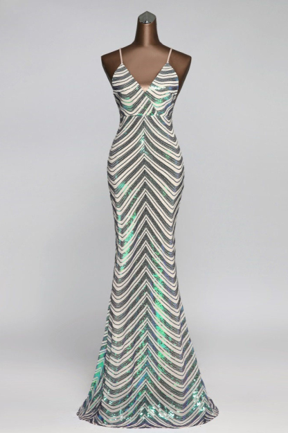 BMbridal Sparkly Stripe Sequins Mermaid Long Prom Dresses with Spaghetti Straps
