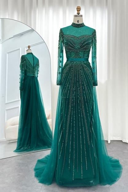 Bmbridal Silver Square A-Line Floor-Length Long Sleeves Prom Dresses with Beadings