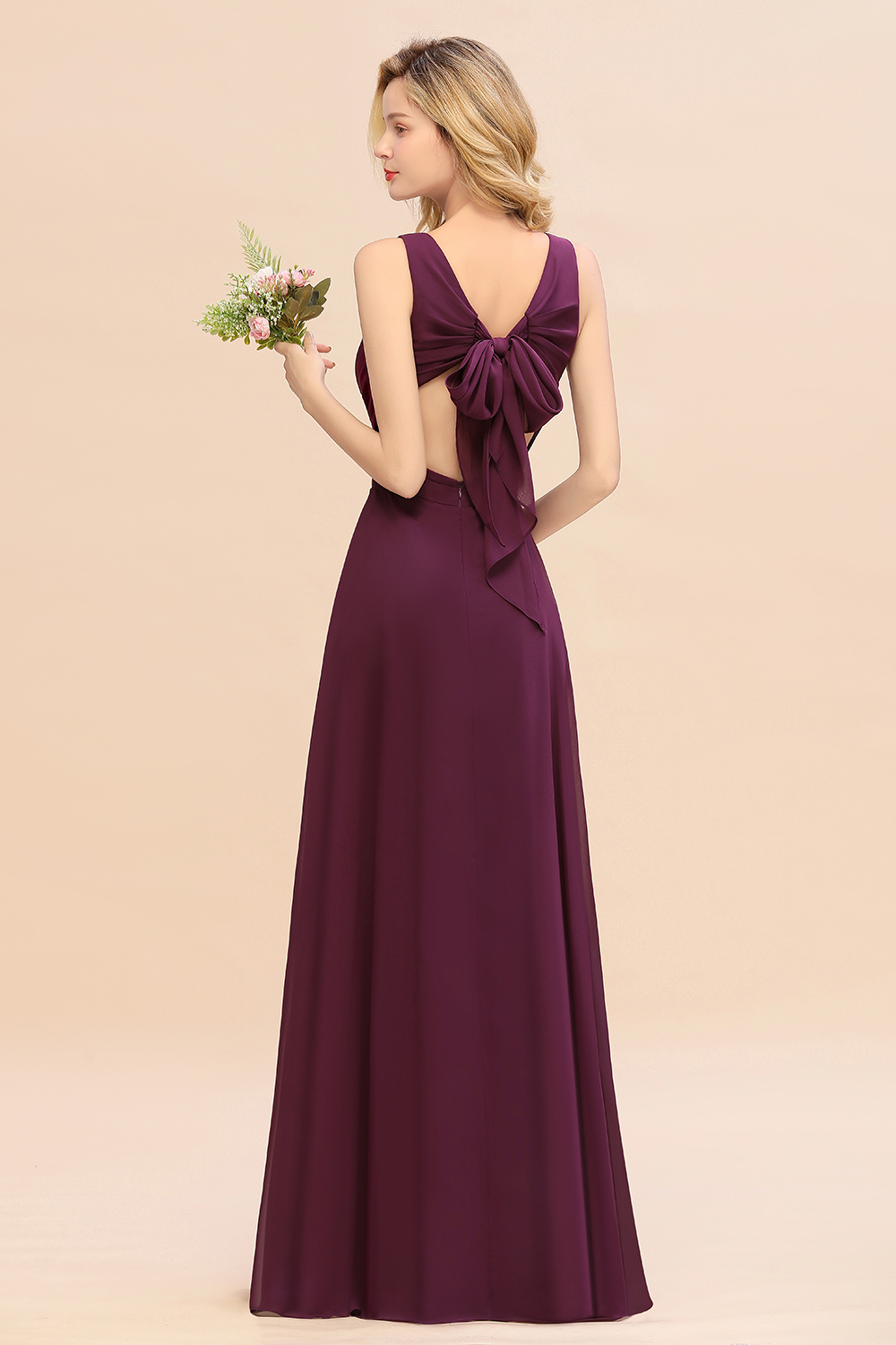 BMbridal Affordable V-Neck Ruffle Long Grape Chiffon Bridesmaid Dress with Bow-BMbridal