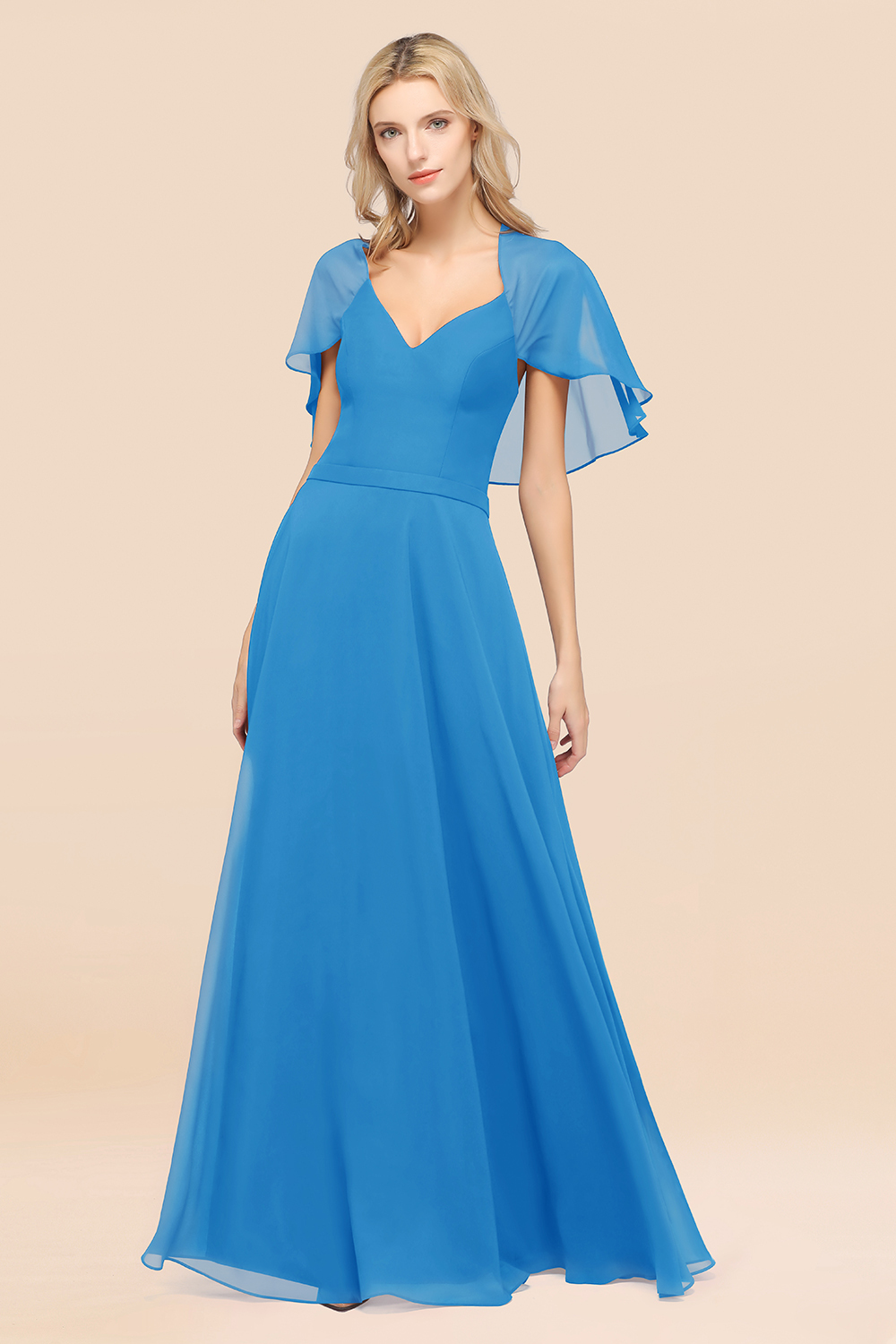 BMbridal Chic Satin V-Neck Long Burgundy Chiffon Bridesmaid Dress with Flutter Sleeve-BMbridal