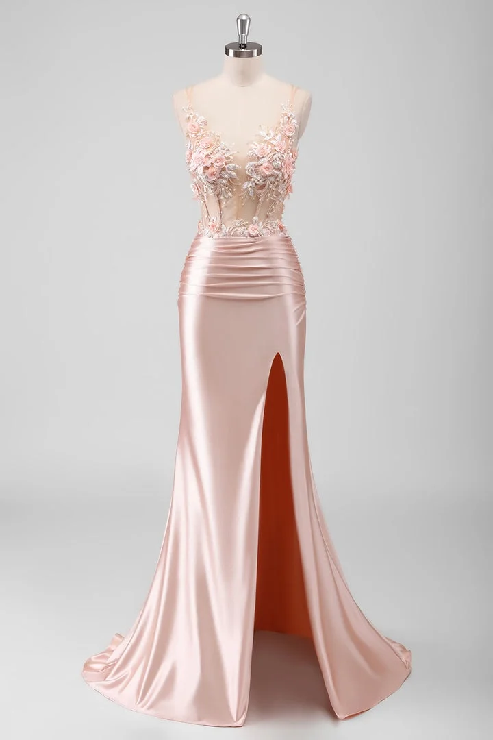 Sleeveless Spaghetti Strap Long Split Mermaid Prom Dress With Appliques