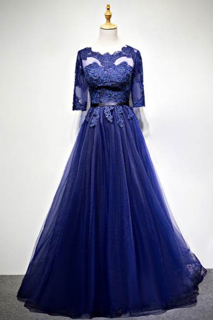 BMbridal Elegant Jewel Dark Navy Tulle Ruffle Prom Dresses Long Sleeves Appliques Formal Dresses with Rhinestones-BMbridal