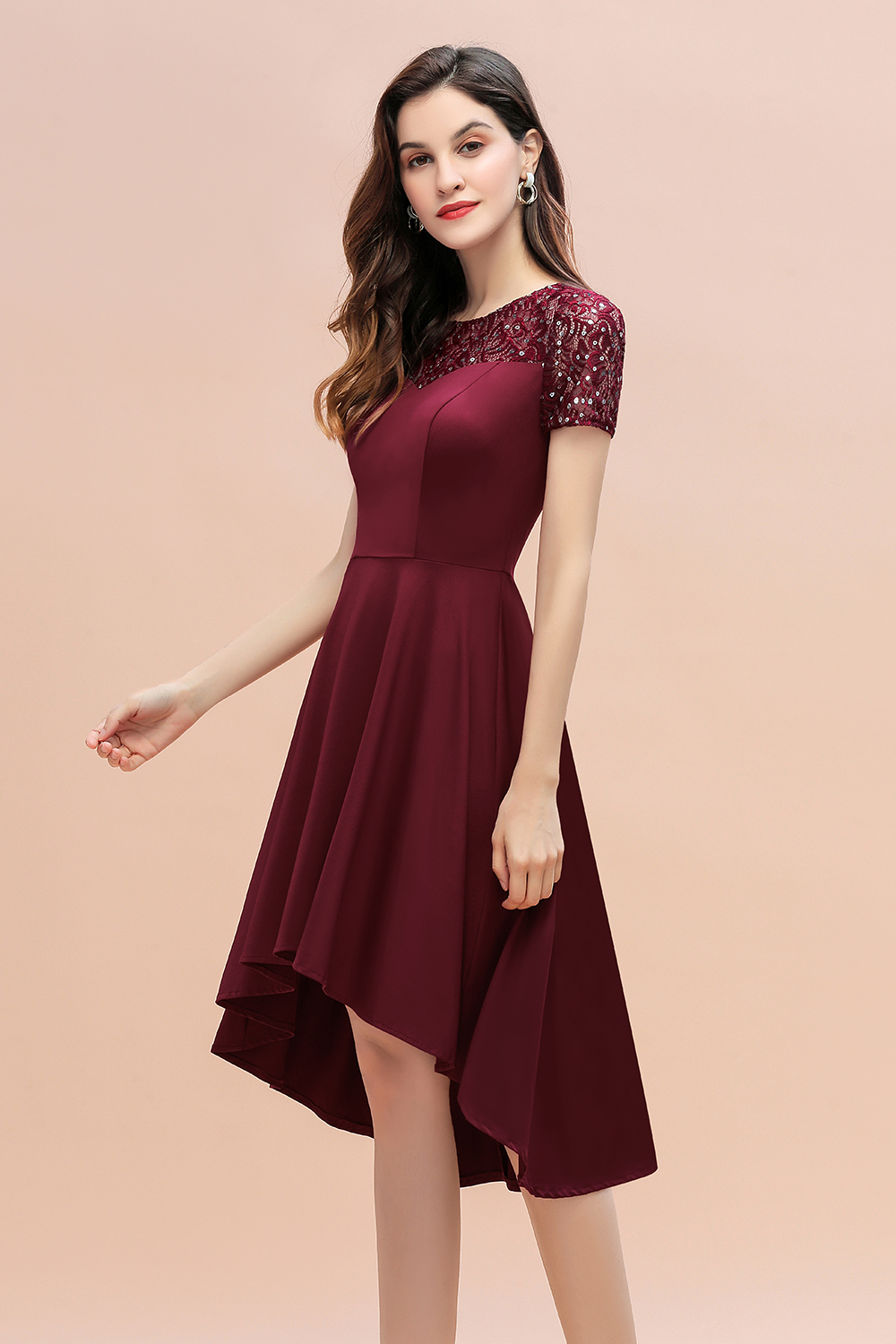 BMbridal Lovely Jewel Satin Sequins Bridesmaid Dress Short Sleeve Burgundy Cocktail Dress
