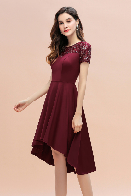 BMbridal Lovely Jewel Satin Sequins Bridesmaid Dress Short Sleeve Burgundy Cocktail Dress