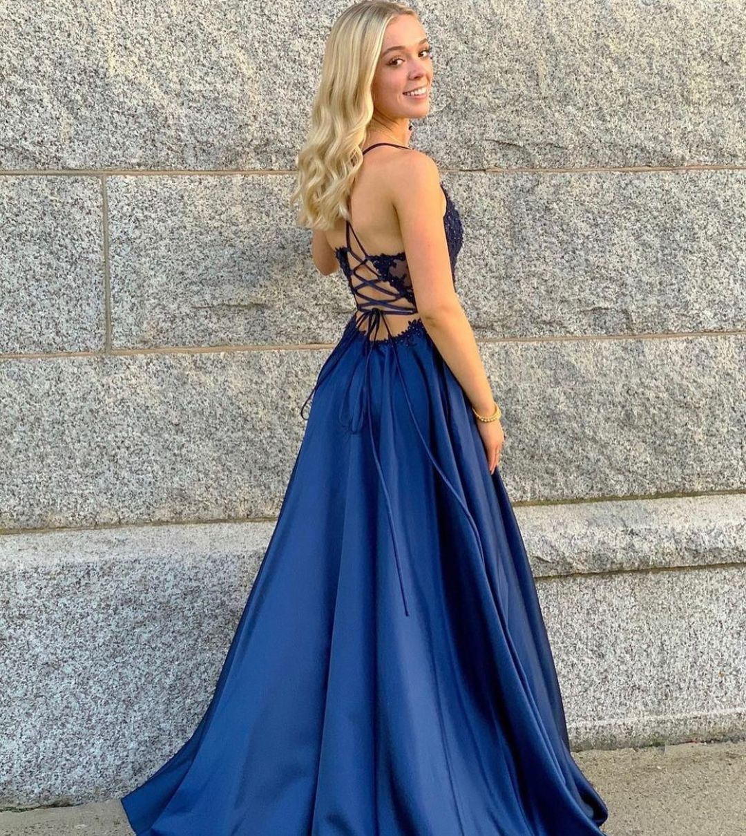 Bmbridal Spaghetti-Straps Slit Prom Dress Long With Lace Appliques