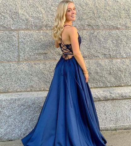 Bmbridal Spaghetti-Straps Slit Prom Dress Long With Lace Appliques