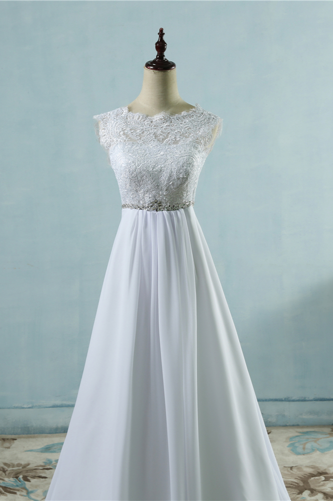 BMbridal Affordable Chiffon Jewel Lace Ruffles Wedding Dress Sleeveless Appliques Bridal Gowns with Beading Sash-BMbridal
