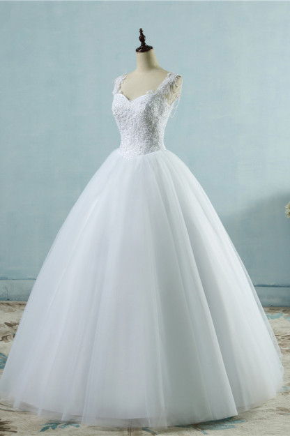 BMbridal Glamorous Straps Sweetheart White Wedding Dress Sleeveless Appliques Beadings Bridal Gowns