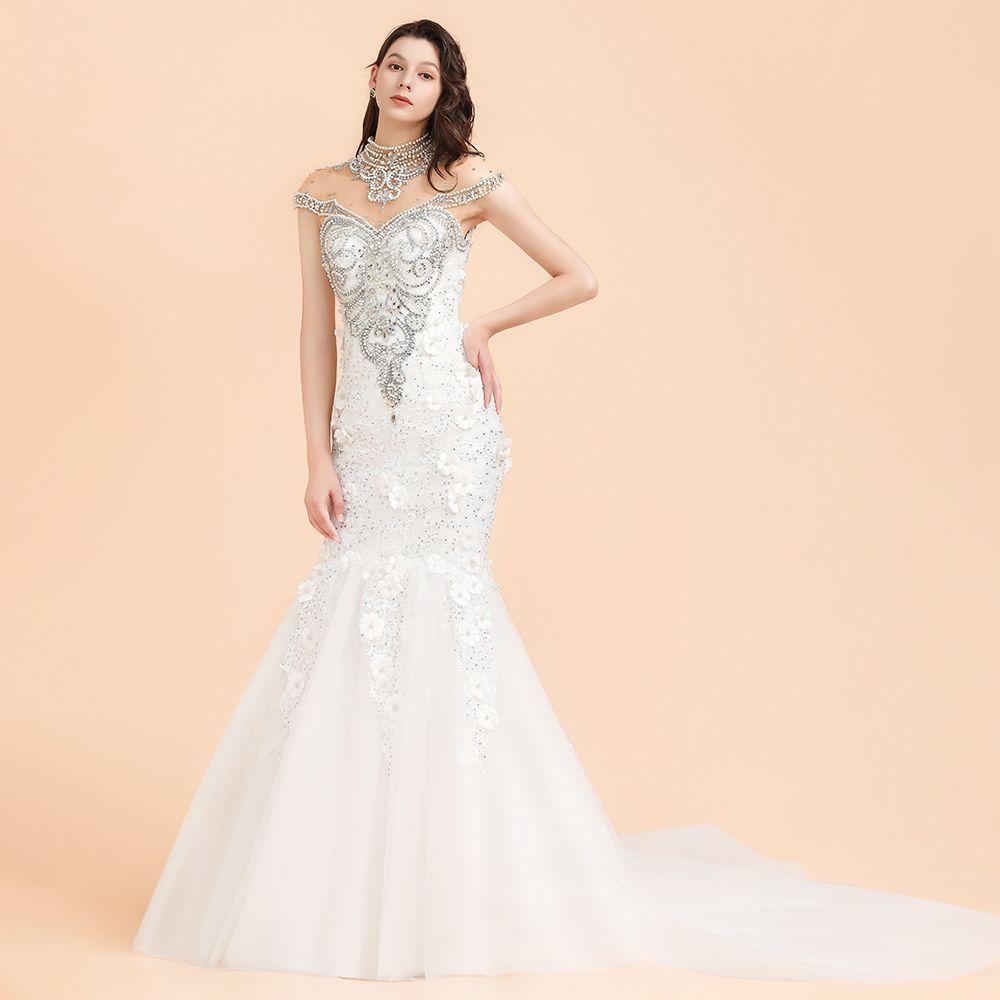 BMbridal Luxury Mermaid Wedding Dress Tulle Lace Sequins Sleeveless Bridal Gowns with Pearls-BMbridal