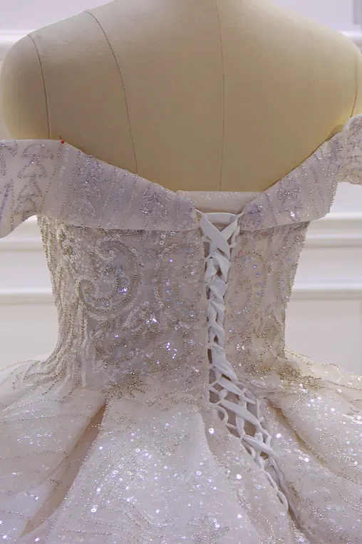 Stylish Off-The-Shoulder Satin Ball Gown Ruffles Wedding Dress Beading with Sequins