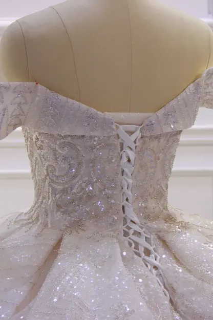 Stylish Off-The-Shoulder Satin Ball Gown Ruffles Wedding Dress Beading with Sequins