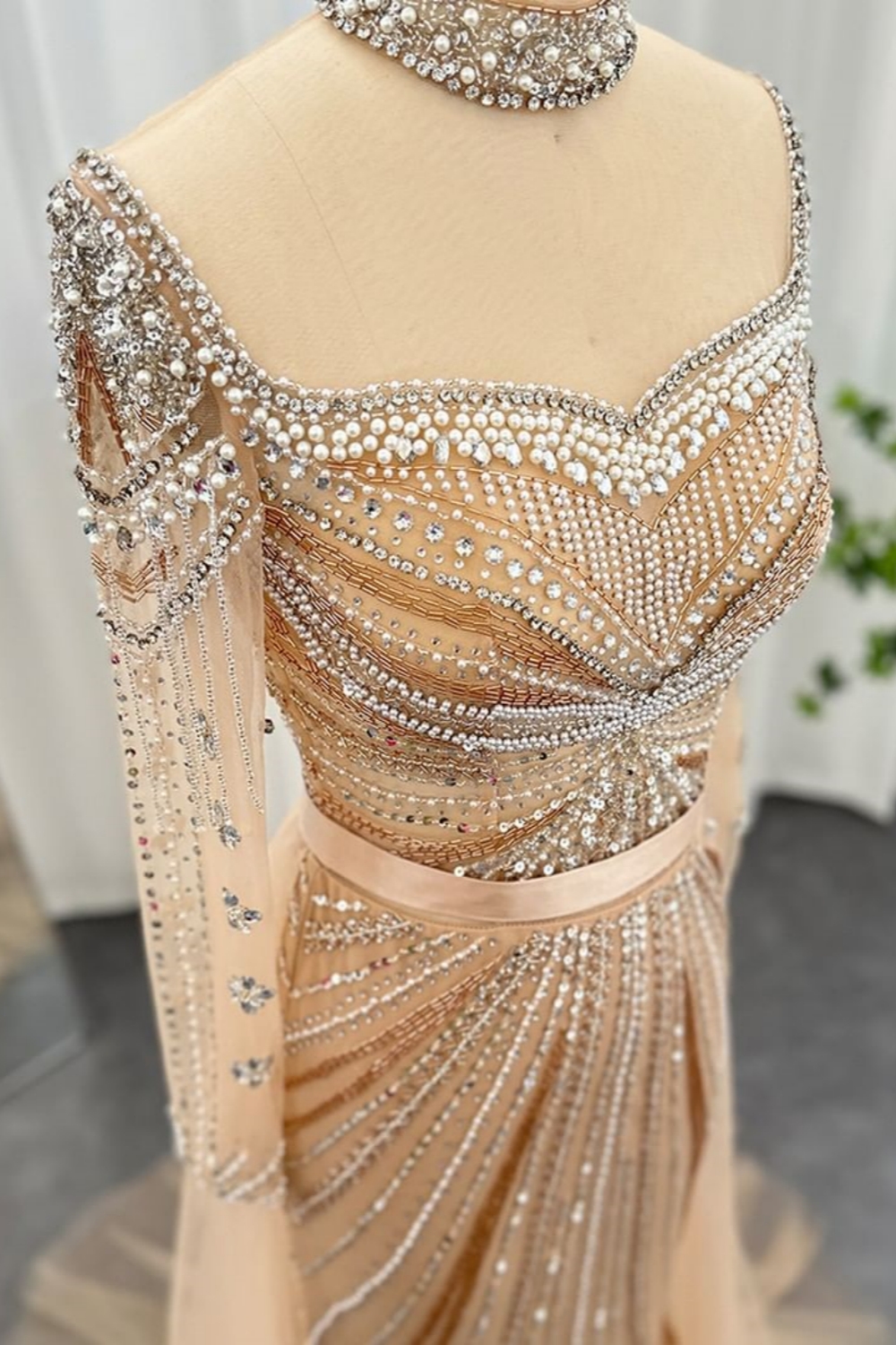 Bmbridal Silver Square A-Line Floor-Length Long Sleeves Prom Dresses with Beadings