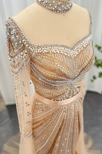 Bmbridal Silver Square A-Line Floor-Length Long Sleeves Prom Dresses with Beadings